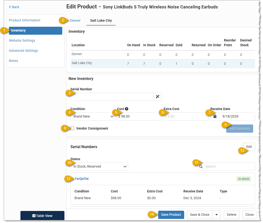 Image showing serialized inventory options in the Edit Product page of the Music Shop 360 system.