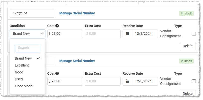Image showing the Edit view of the Serial Numbers area of the Inventory tab of the Edit Product page in the Music Shop 360 system.