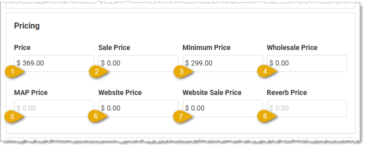 Image showing pricing options on the Product Information tab of the Edit Product page in the Music Shop 360 system.