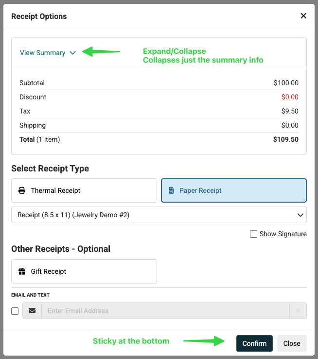 Image showing updates to the Print Receipt window in the Music Shop 360 POS.