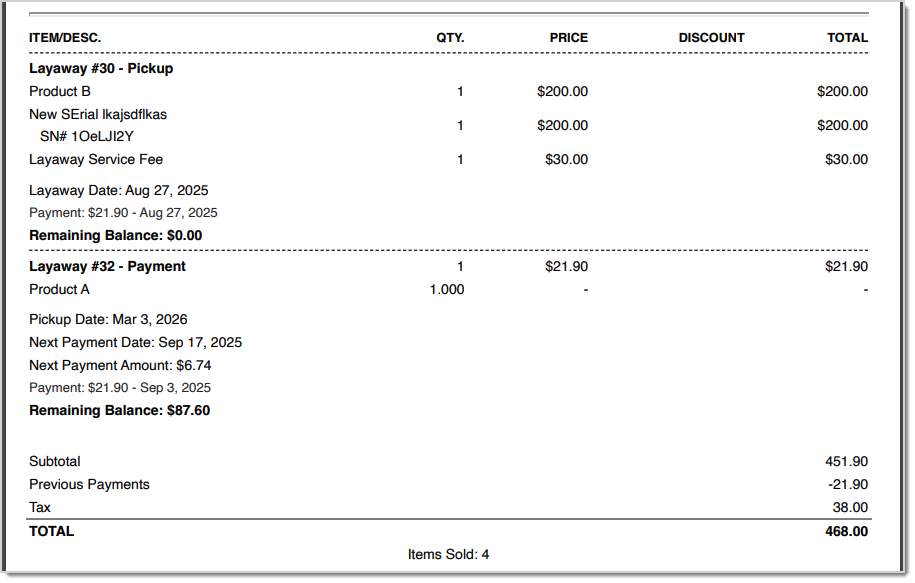 Layaway thermal receipt improvements