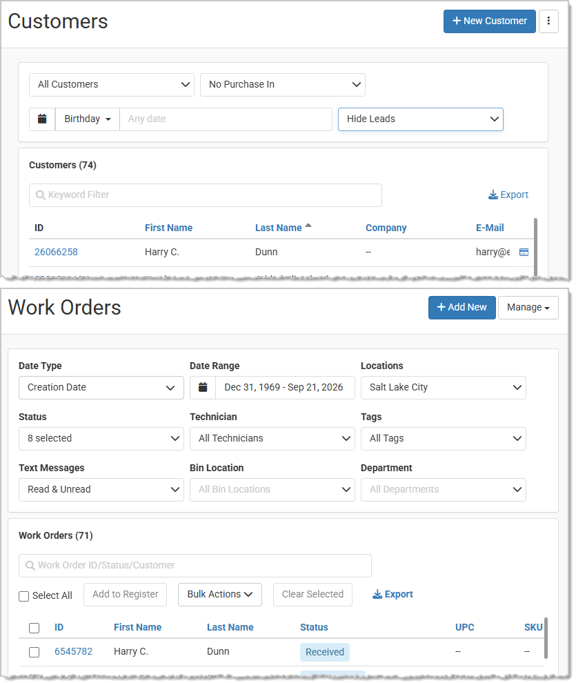 Image showing UI modernization examples from the Music Shop 360 Customers list page and the Work Orders list page.