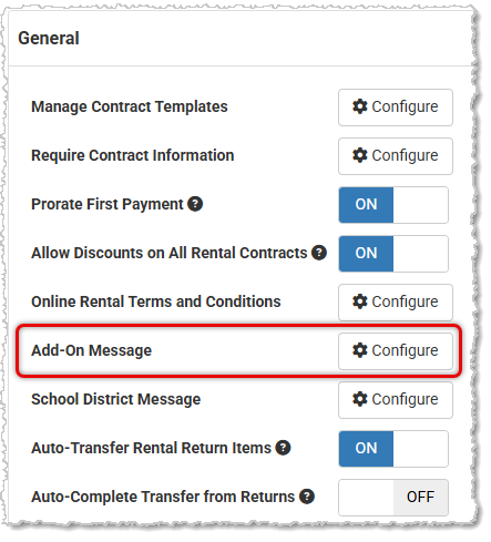 Image showing the Add-On Message setting for MusicShop360 Online Rental Contracts..