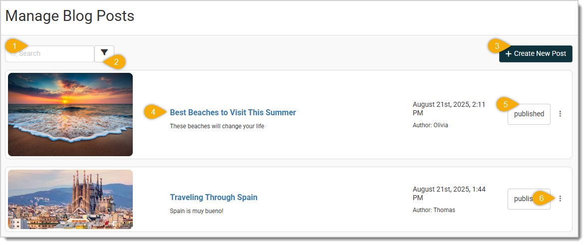 Image showing the major functions of the Blog module page.
