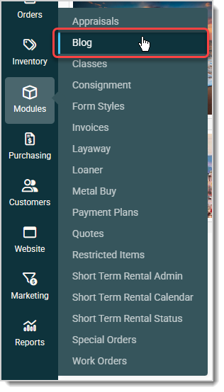 Image of the Marketing menu with the Blog link highlighted.