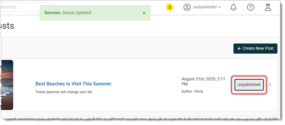 Image showing the Unpublish - Publish button of the Blog module.