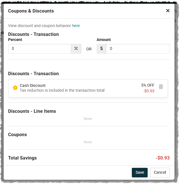 Image showing the Coupon & Discounts window in the Register with a Cash Discount added.