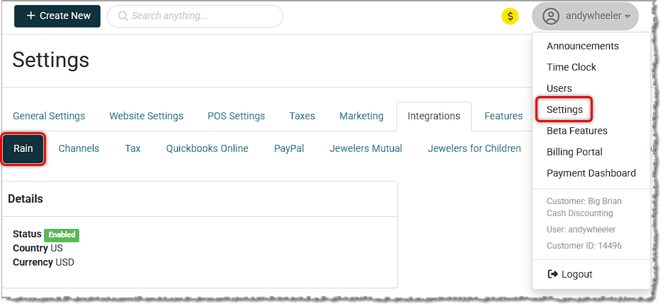 Image showing how to get to the Rain Payments settings area.