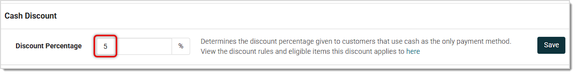 Image showing the cash discount setting in the Rain Payments settings area.