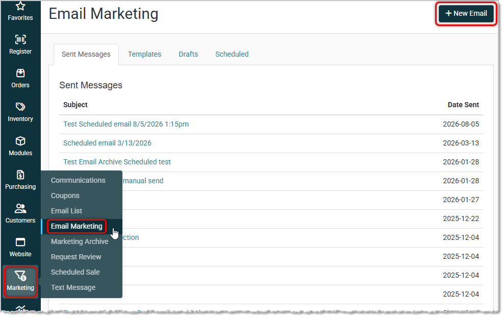 Image showing the Marketing menu with Email Marketing highlighted and the +New Email button highlighted on the Email Marketing page of the Music Shop 360 system.