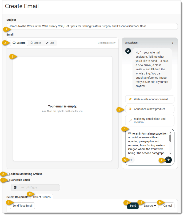 Image showing the Create Email page of the Music Shop 360 system with key features highlighted.