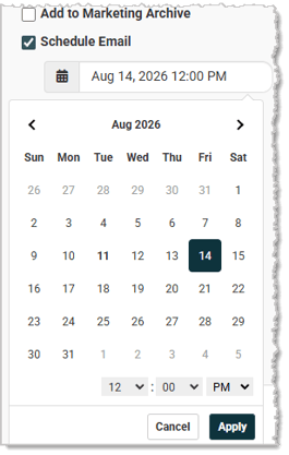 Image showing the date and time picker for the Create Email page of the Music Shop 360 system.
