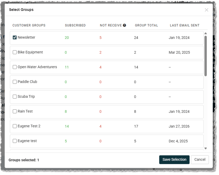 Image showing the Select Groups window of the Create Email page in the Music Shop 360 system.