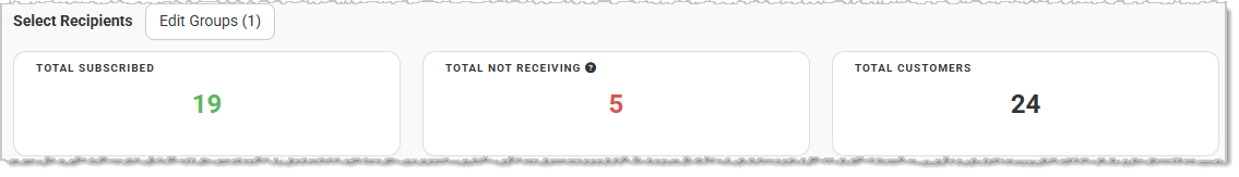 Image showing the number of recipients across selected Groups on the Create Email page of the Music Shop 360 system.