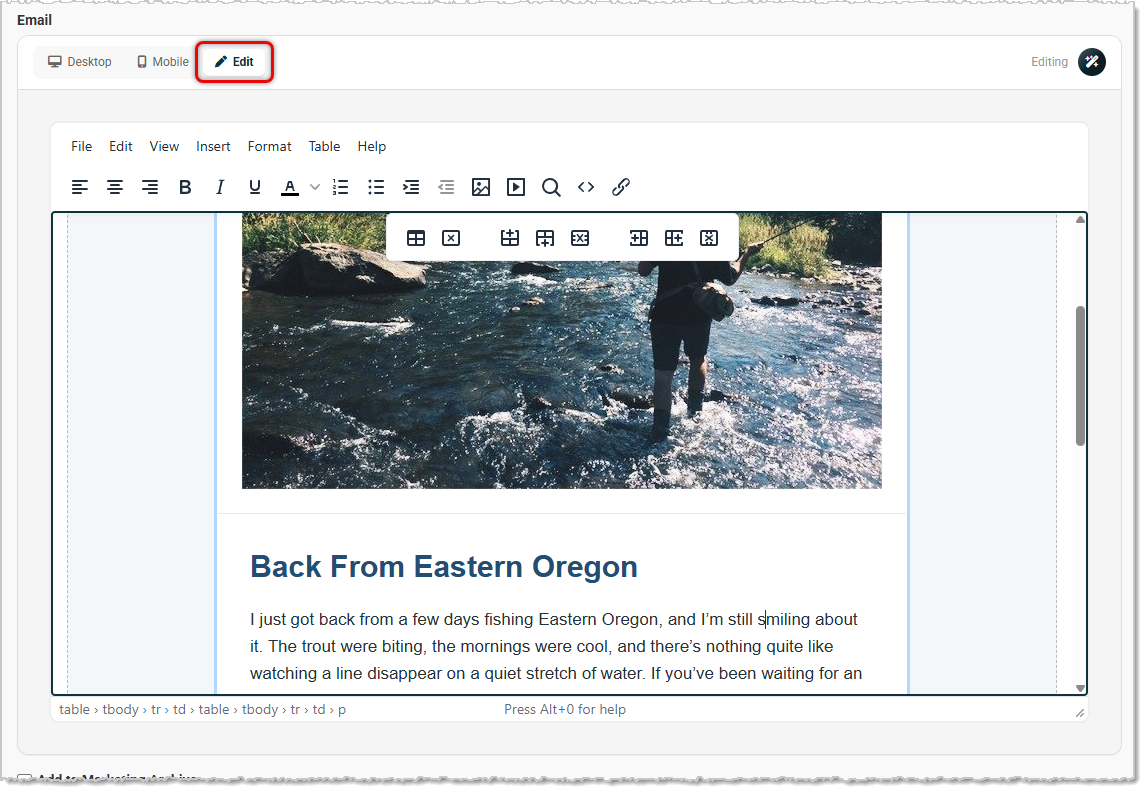 Image showing the content editor of the Create Email page in the Music Shop 360 system.