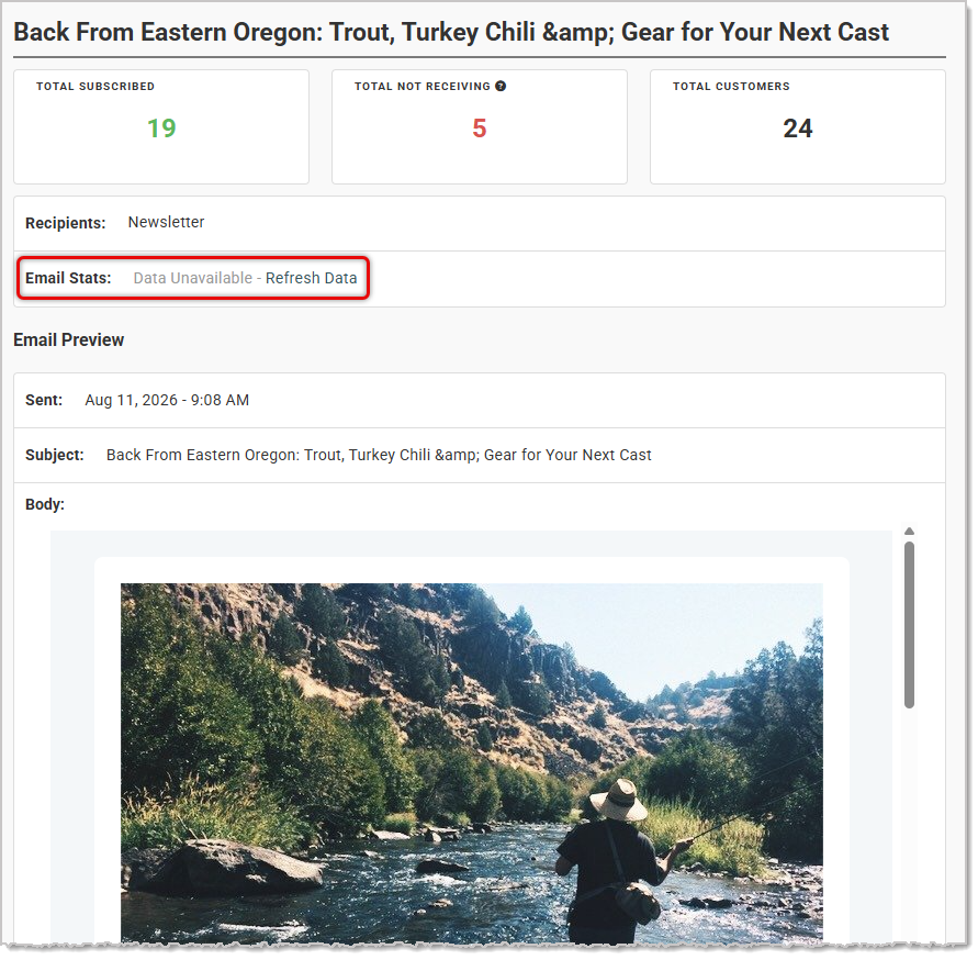 Image showing a sent email message from the Email Marketing page of the Music Shop 360 system.