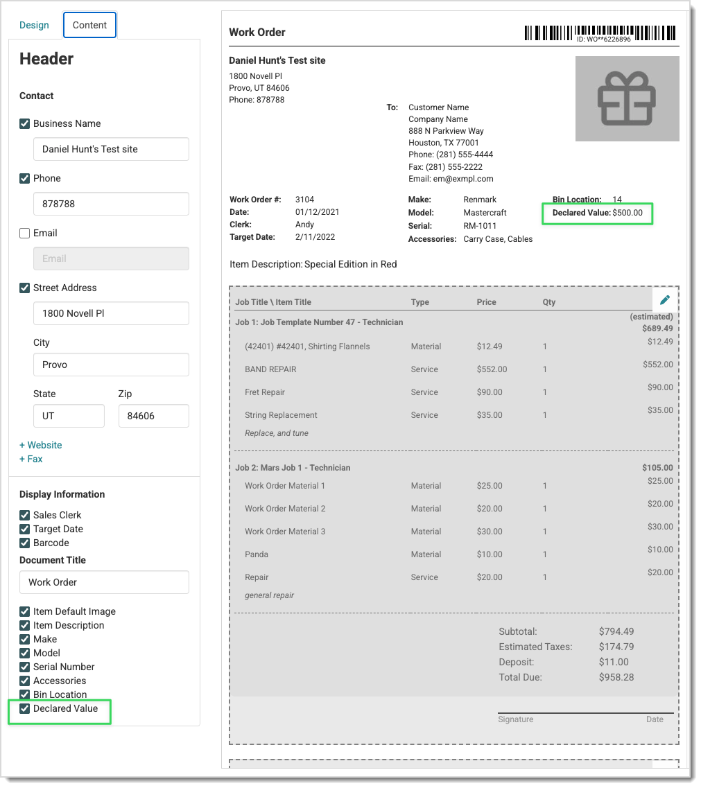 declared value in work order form style