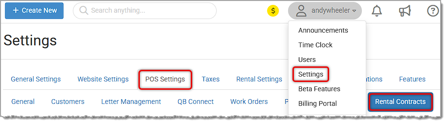 Image showing the Rental Contracts area of the MusicShop360 POS settings.