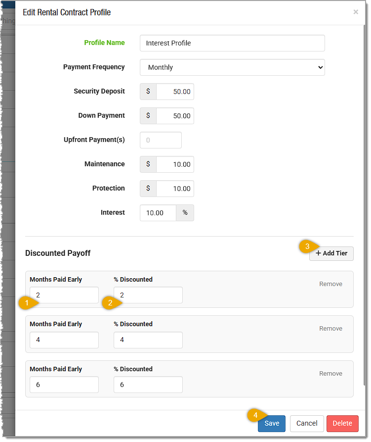 Image showing steps in setting up discounted contract payoff in the rental contract settings of the MusicShop360 POS.