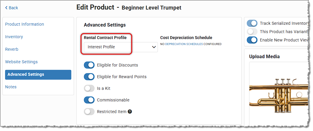 Image showing the Rental Contract Profile setting for a rental product in the Advanced Settings tab of the Edit Product page.