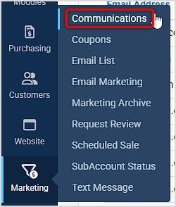 Image showing how to get to the Communications module in the Music Shop 360 system.