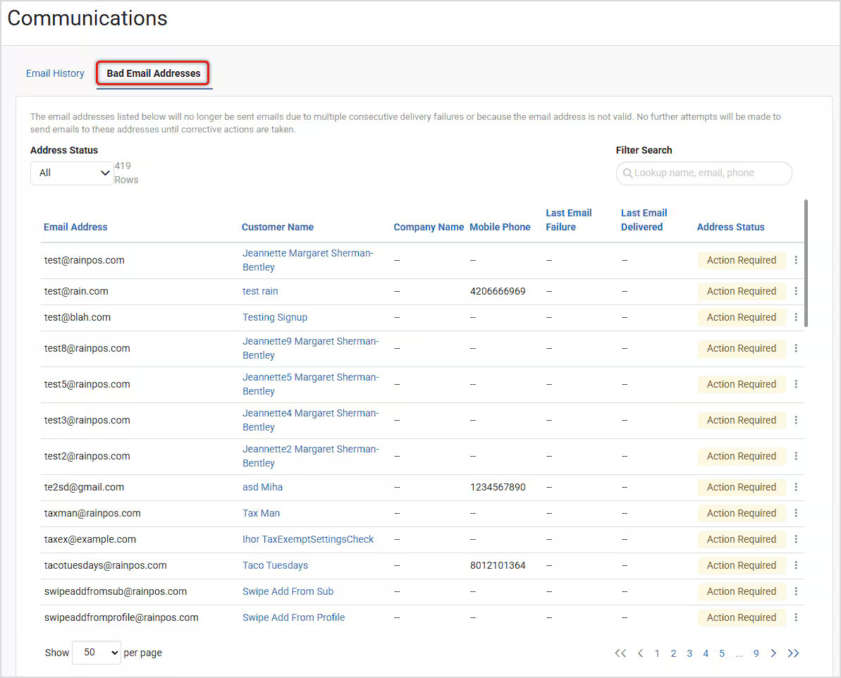 Image showing the Bad Email Addresses tab in the Communications module in the Music Shop 360 system.
