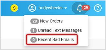 Image showing Recent Bad Emails in the Notification Bell menu linking to the Communications module in the Music Shop 360 system.