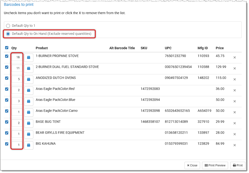 label print qty on hand