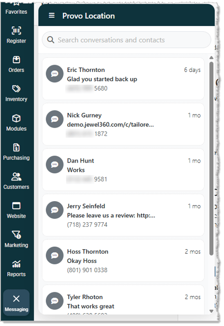 Image showing the conversation history in the Messaging Assistant for a Music Shop 360 system store.