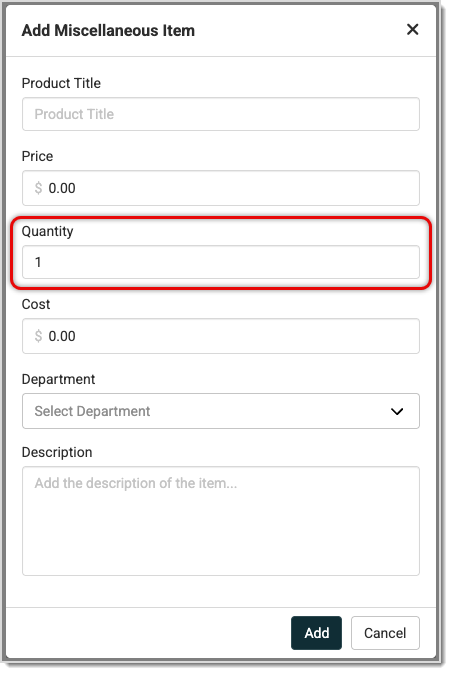Image showing the Quantity field of the Add Miscellaneous Item window of the Music Shop 360 system Register and Work Order modules.