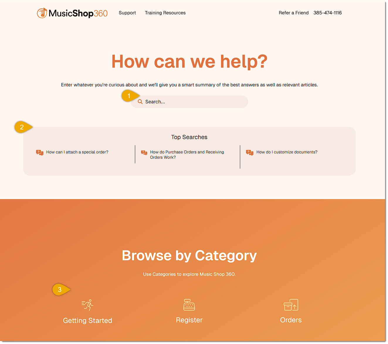 Image showing the home page of the knowledge base with key features highlighted.