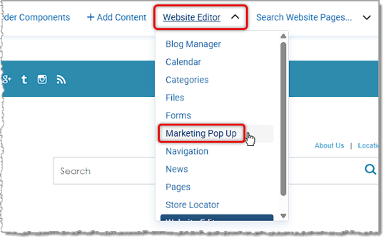 Website Editor dropdown with Marketing Pop Up highlighted