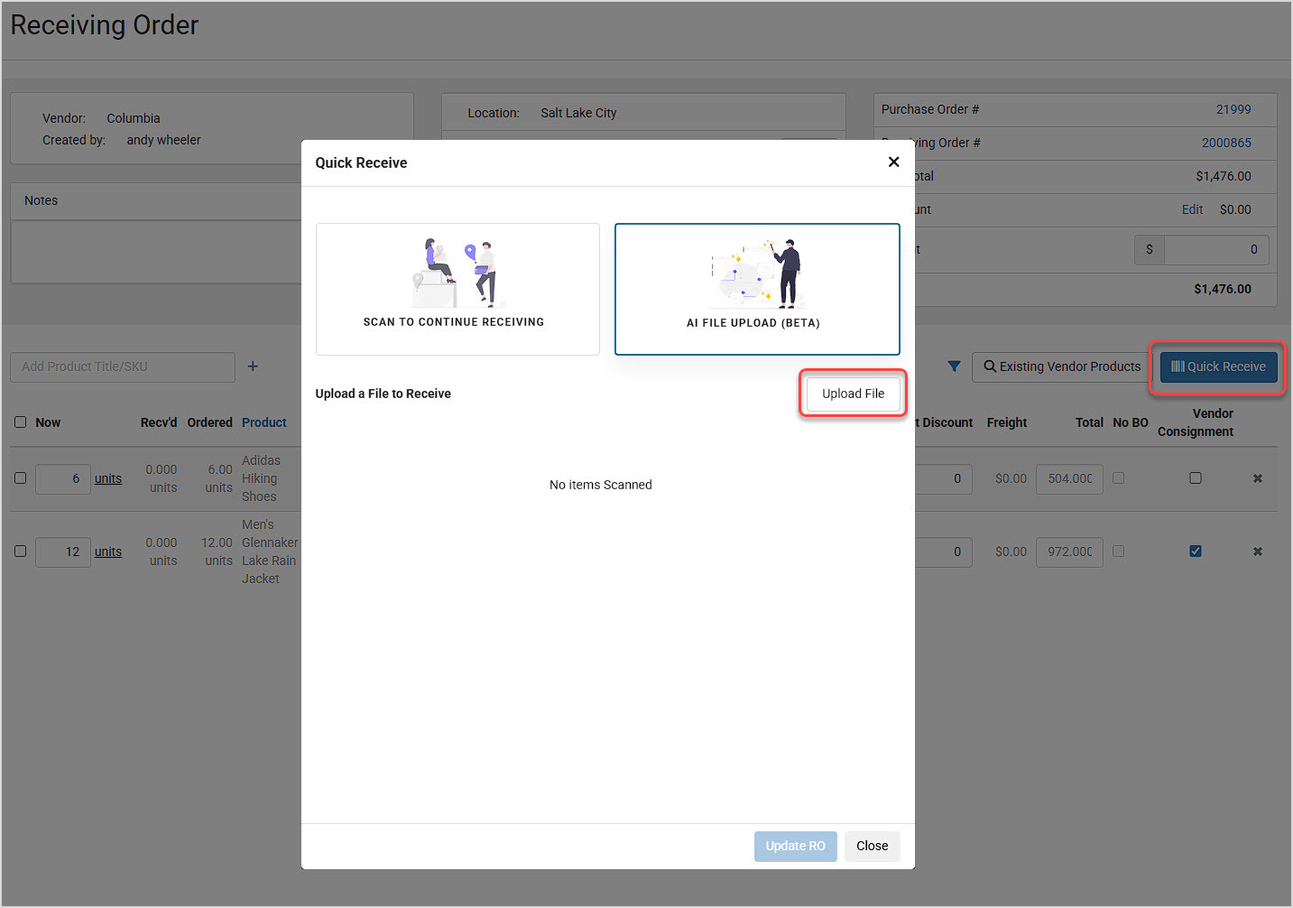 Image showing the advanced receiving options in a Receiving Order.