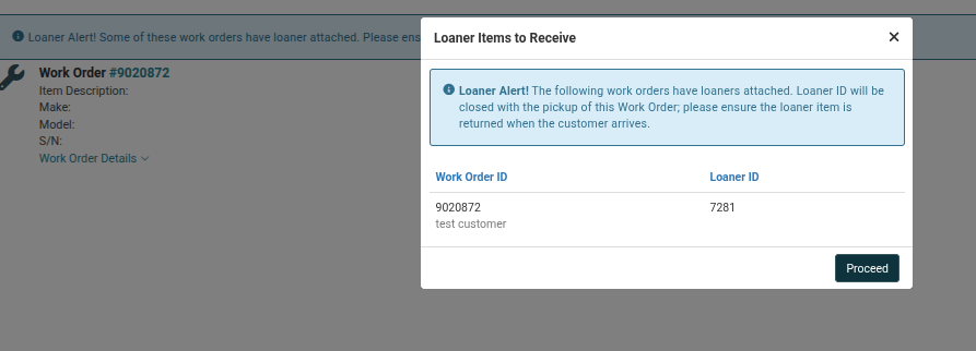 register work order loaner alert