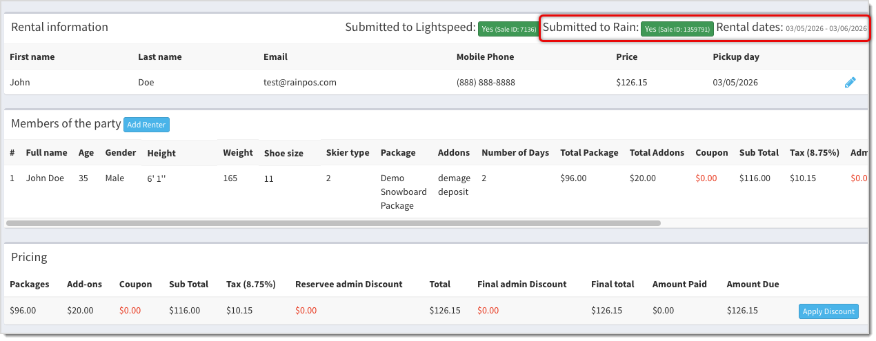 Image showing a rental in Rezo that has synced to an Invoice in the Music Shop 360 system.