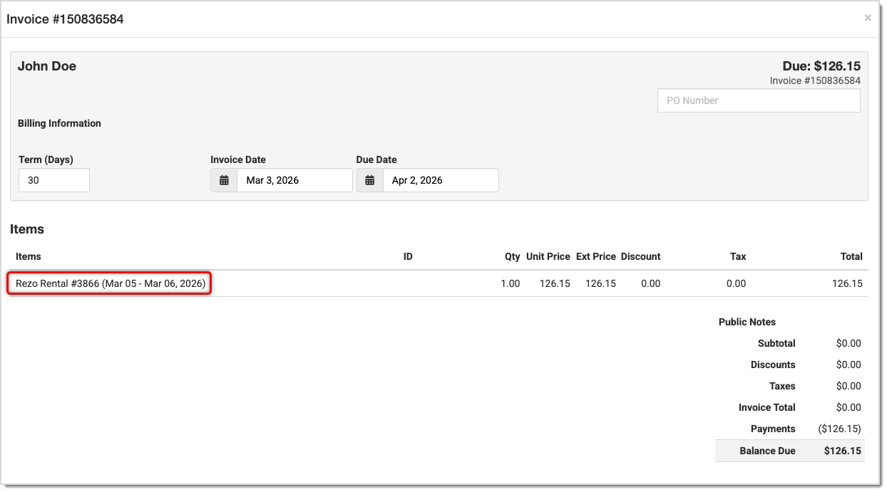 Image showing an invoice in the Music Shop 360 system created through the Rezo integration.