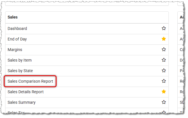 Image showing the Sales Comparison report link on the Reports page of the Music Shop 360 system.