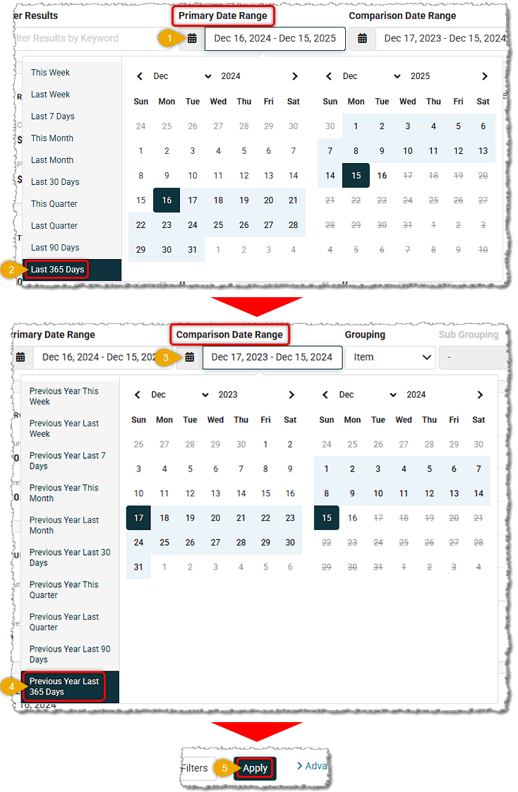 Image showing the comparison date range selection process in the Sales Comparison Report of the Music Shop 360 system.