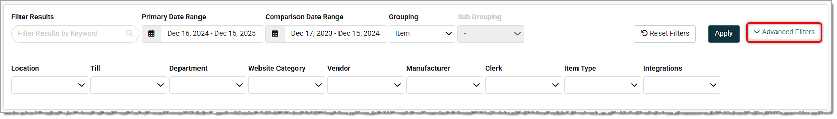 Image showing the Advanced Filters of the Sales Comparison Report in the Music Shop 360 system.