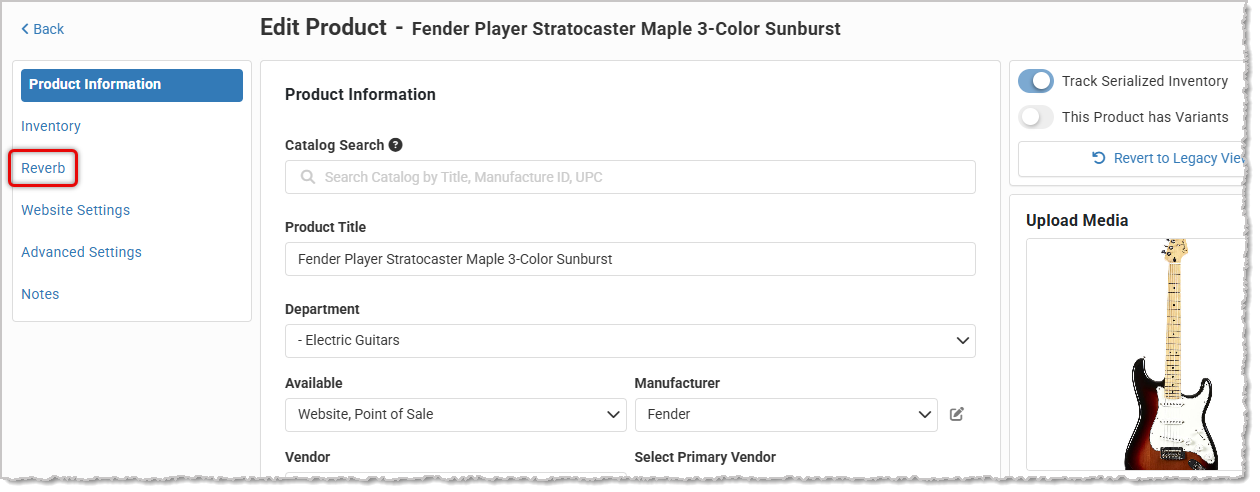 Image showing the Edit Product page in the MusicShop360 system with the Reverb tab highlighted.
