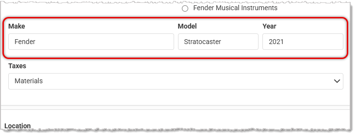 Image showing the Make, Model, and Year fields of the Edit Product page in the MusicShop360 system.