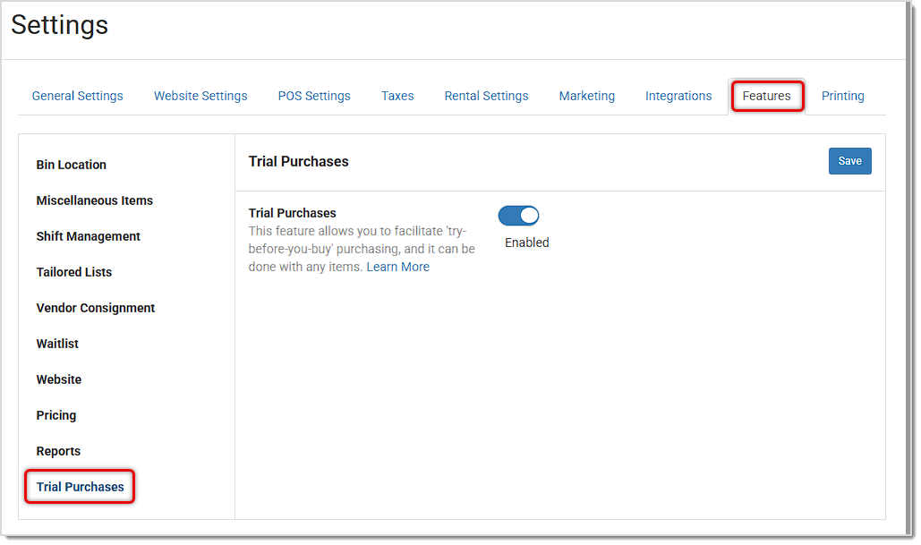 Image showing the Features tab of Settings with the Trial Purchases area highlighted in the Music Shop 360 system.