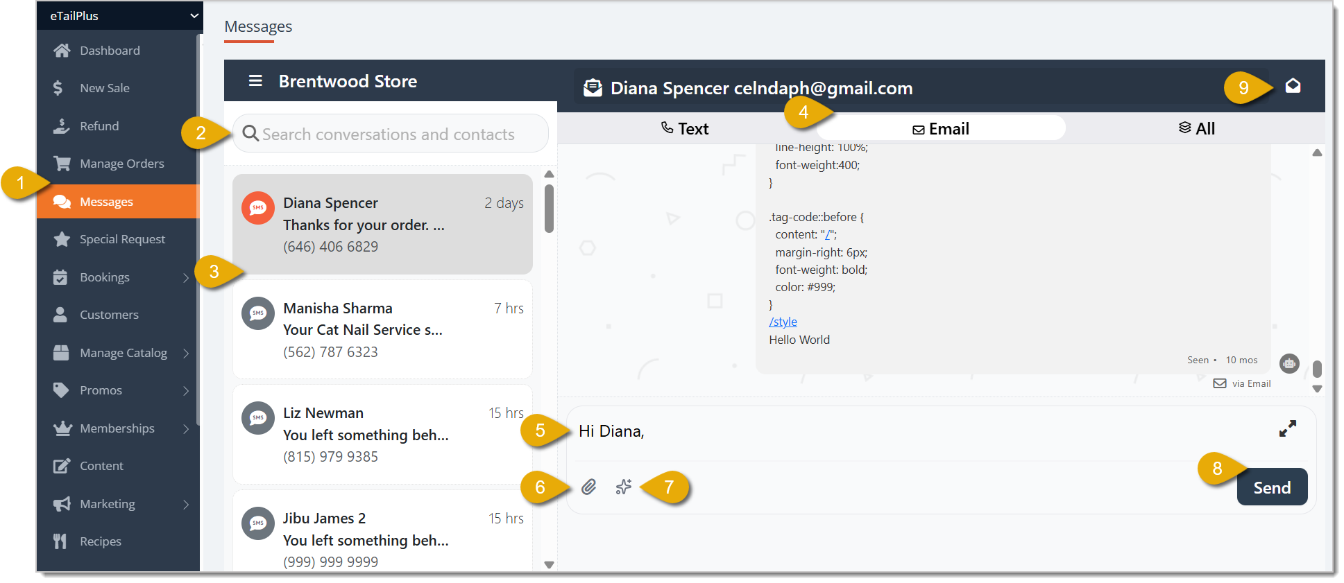 Image showing how to compose marketing emails in the Music Shop 360 system.