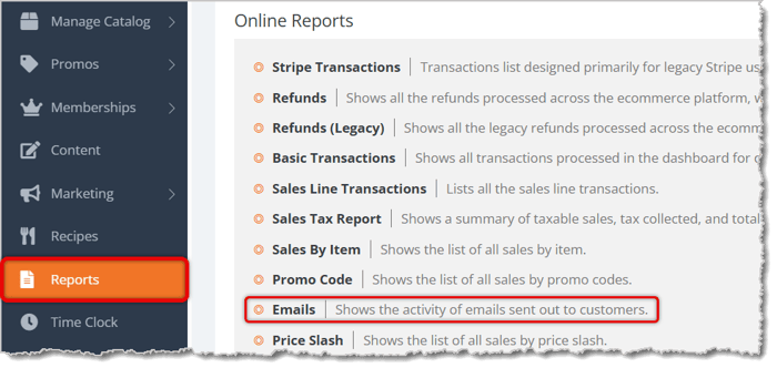 Image highlighting the selections to open the Emails report.