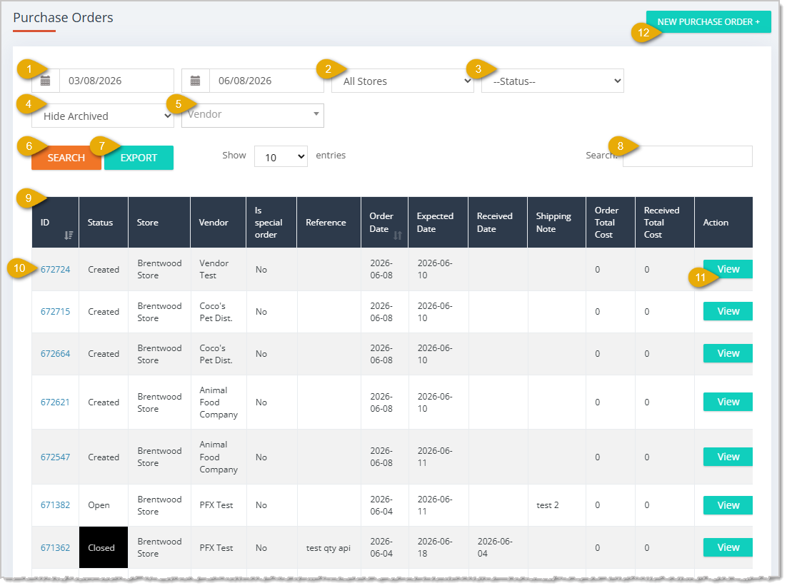 Image showing the Purchase Orders page of the Music Shop 360 system with key features highlighted.