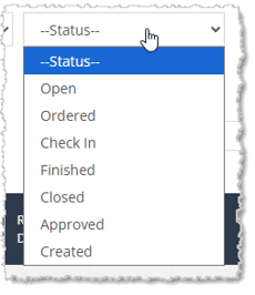 Image showing the Purchase Orders page Status filter in the Music Shop 360 system.