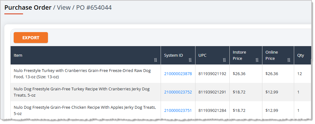Image showing the View page for a Purchase Order in the Music Shop 360 system.