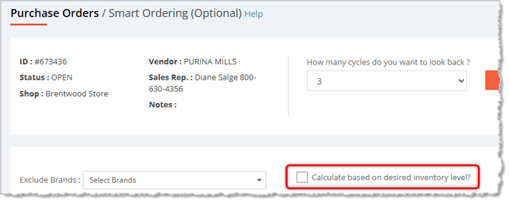 Image showing how to populate a purchase order using desired inventory level in the Music Shop 360 system.