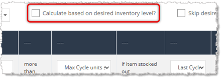 Image showing the checkbox to populate a purchase order using desired inventory levels and quantities on hand for the vendor items in the Music Shop 360 system.