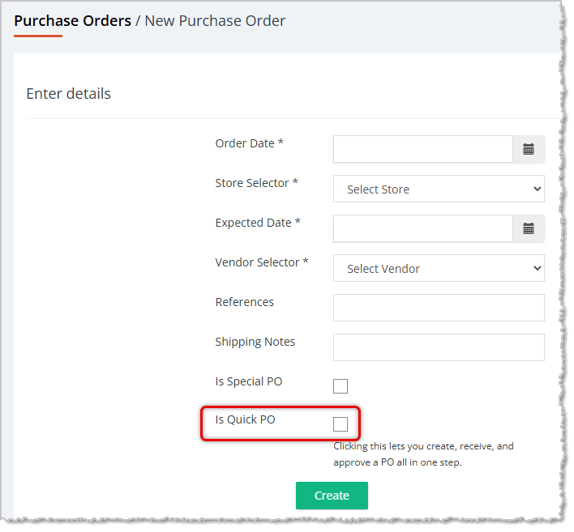 Image showing the checkbox to set a new Purchase Order to be a Quick PO in the Music Shop 360 system.